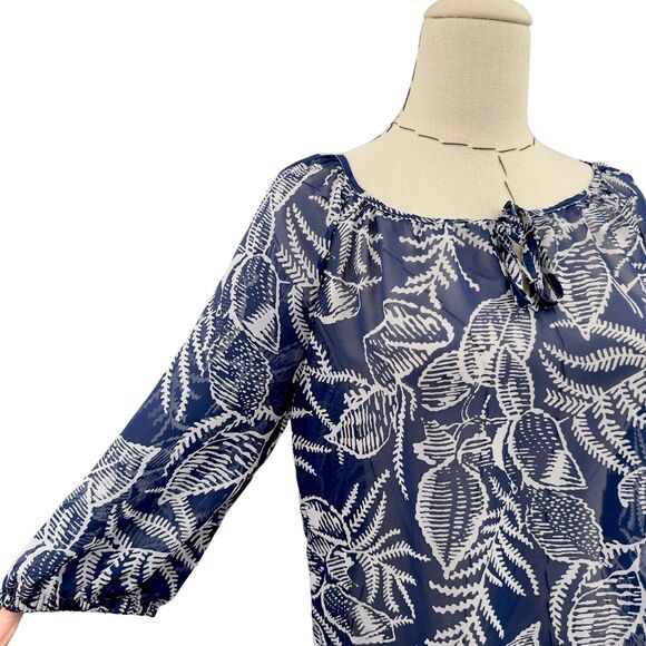 Banana Republic Womens Leaf Print 3/4 Sleeve Tunic Blouse Tie‎ Neckline Small - Picture 3 of 10